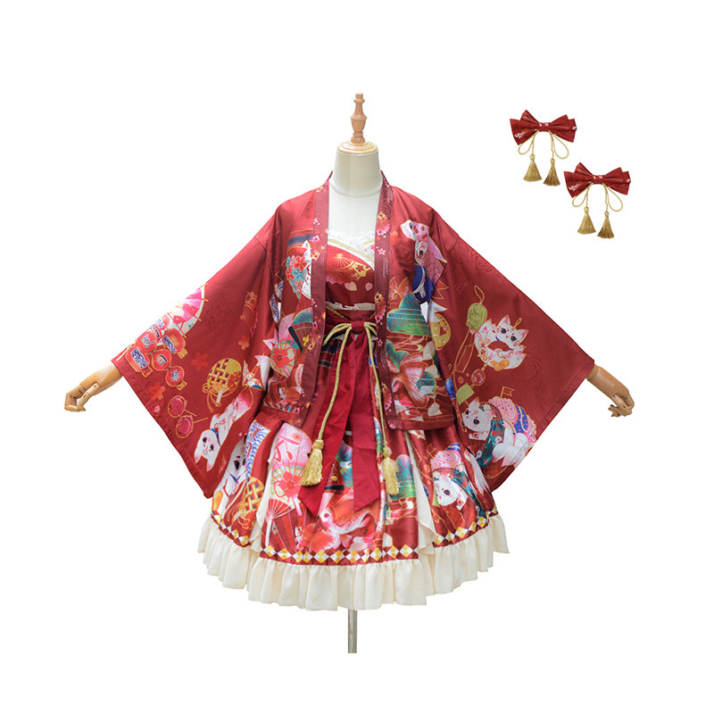  Japanese style Lolita One-piece feather woven gorgeous set costume play clothes kimono peace roli lady's flower ...... woman kimono dress knees height hair ornament Halloween 