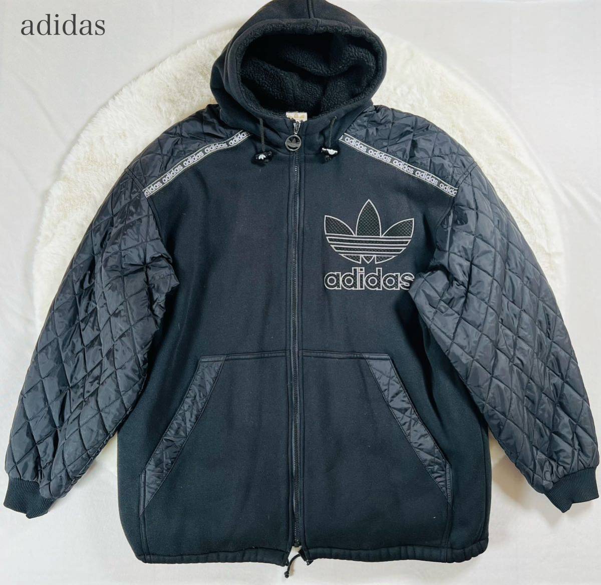 【美品】希少！デサント製 adidas キルティング ボアパーカー ヴィンテージ トレフォイルロゴ ブラック_画像1