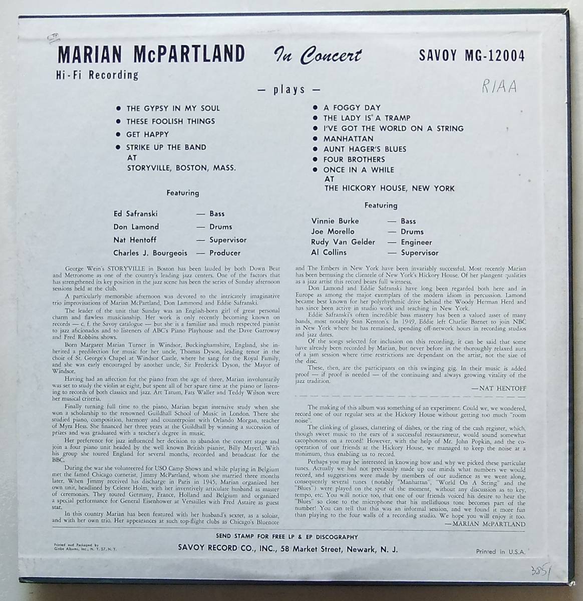 ◆ MARIAN McPARTLAND at Storyville, at the Hickory House ◆ Savoy MG 12004 (red:dg:X20) ◆_画像2
