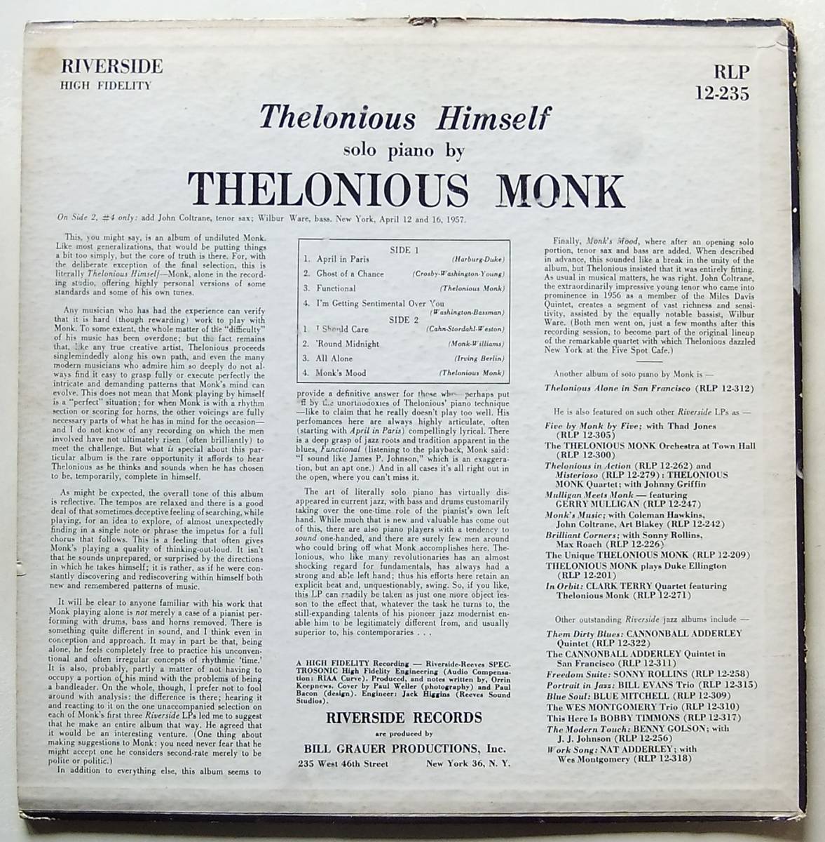 ◆ THELONIOUS MONK / Thelonious Himself ◆ Riverside RLP 12-235 (blue:BGP:dg) ◆_画像2