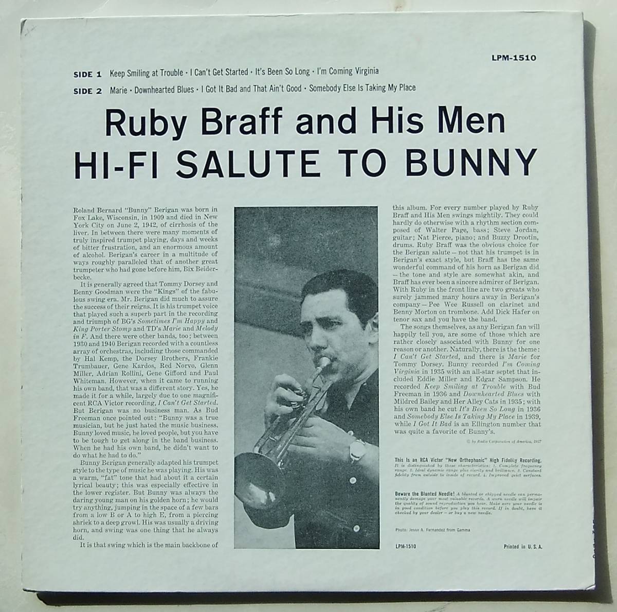 ◆ RUBY BRAFF / Hi-Fi Salute to Bunny ◆ RCA LPM-1510 (dog:dg) ◆ W_画像2