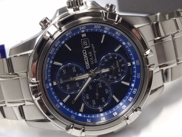  原文:新品セイコー SEIKO 正規品 ソーラー クロノグラフ 腕時計 10気圧防水 ブルー ステンレスベルト