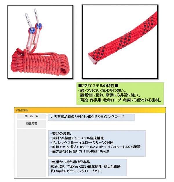 直径 12mm クライミング 補助 ロープ 20m カラー・レッド_画像3