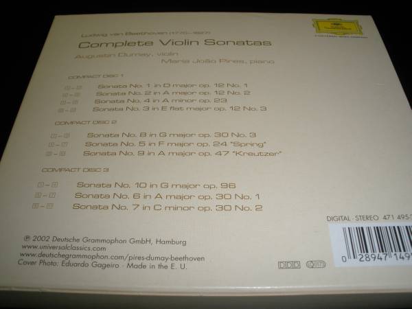 3CD ベートーヴェン ヴァイオリン・ソナタ 全集 春 デュメイ ピリス グラモフォン Beethoven Violin Sonata Complete Dumay Pires_ベートーヴェン ヴァイオリン・ソナタ 全集