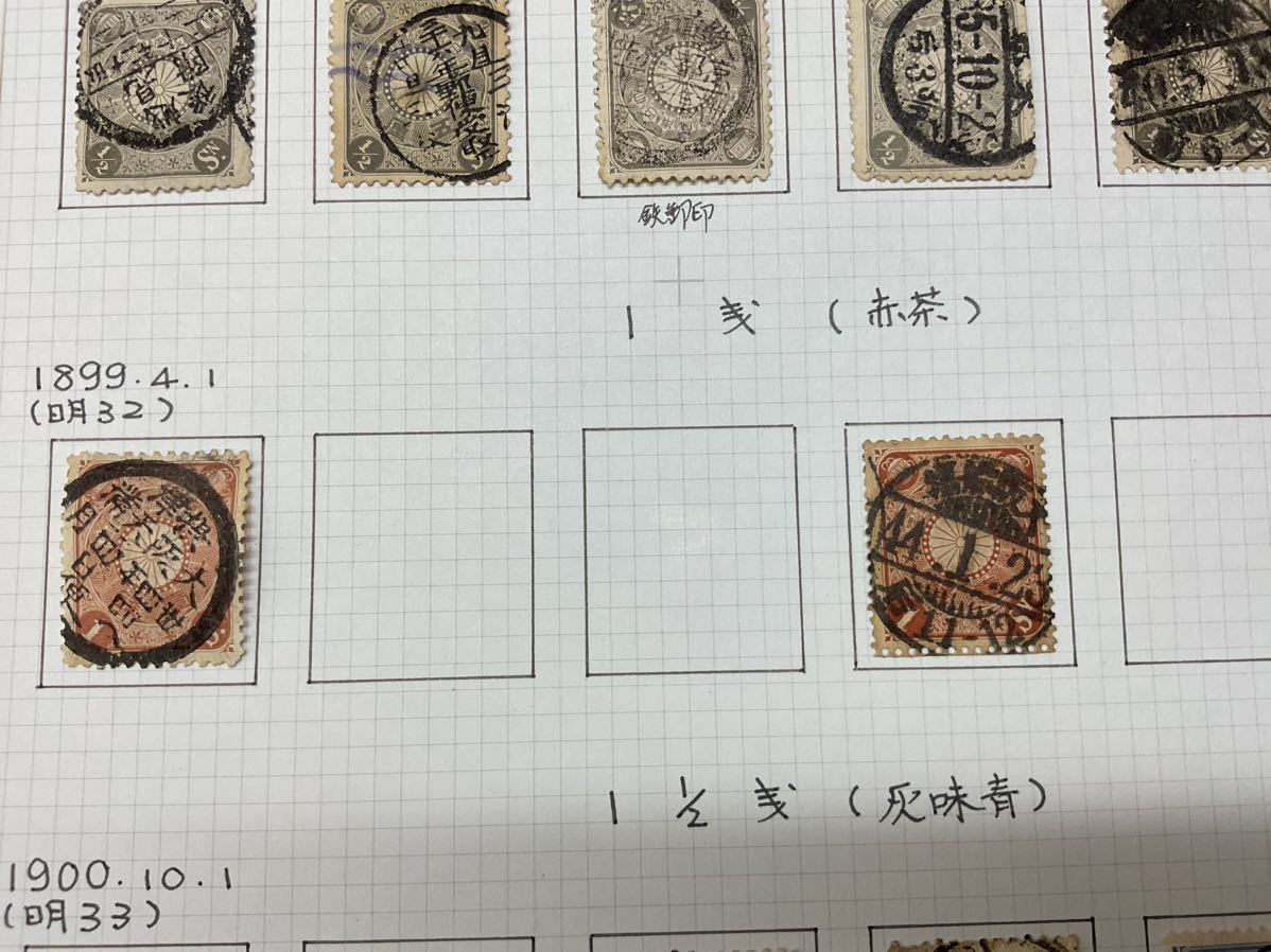 ⑳菊切手 81枚 1899〜1907年 5厘 1銭 1・1/2銭 2銭 3銭 4銭 5銭 6銭 8銭 10銭 15銭 20銭 25銭 50銭1円 消印あり ヒンジ貼り ボストーク_画像9