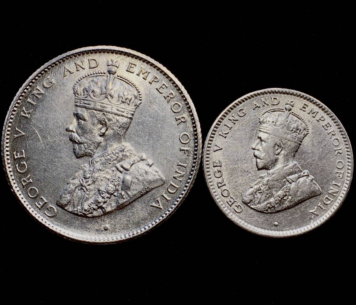 英領セイロン 銀貨 2枚★ 極美品-未使用 1921年25セント 1922年50セント ジョージ5世 本物保証_画像2