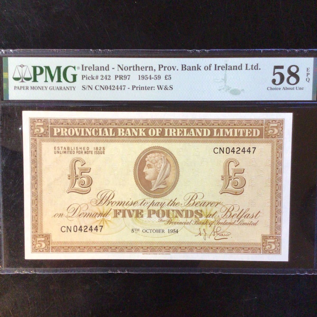 World Banknote Grading NORTHERN IRELAND《Provincial Bank of Ireland Ltd.》5 Pounds【1954】『PMG Grading Choice About Unc 58 EPQ』