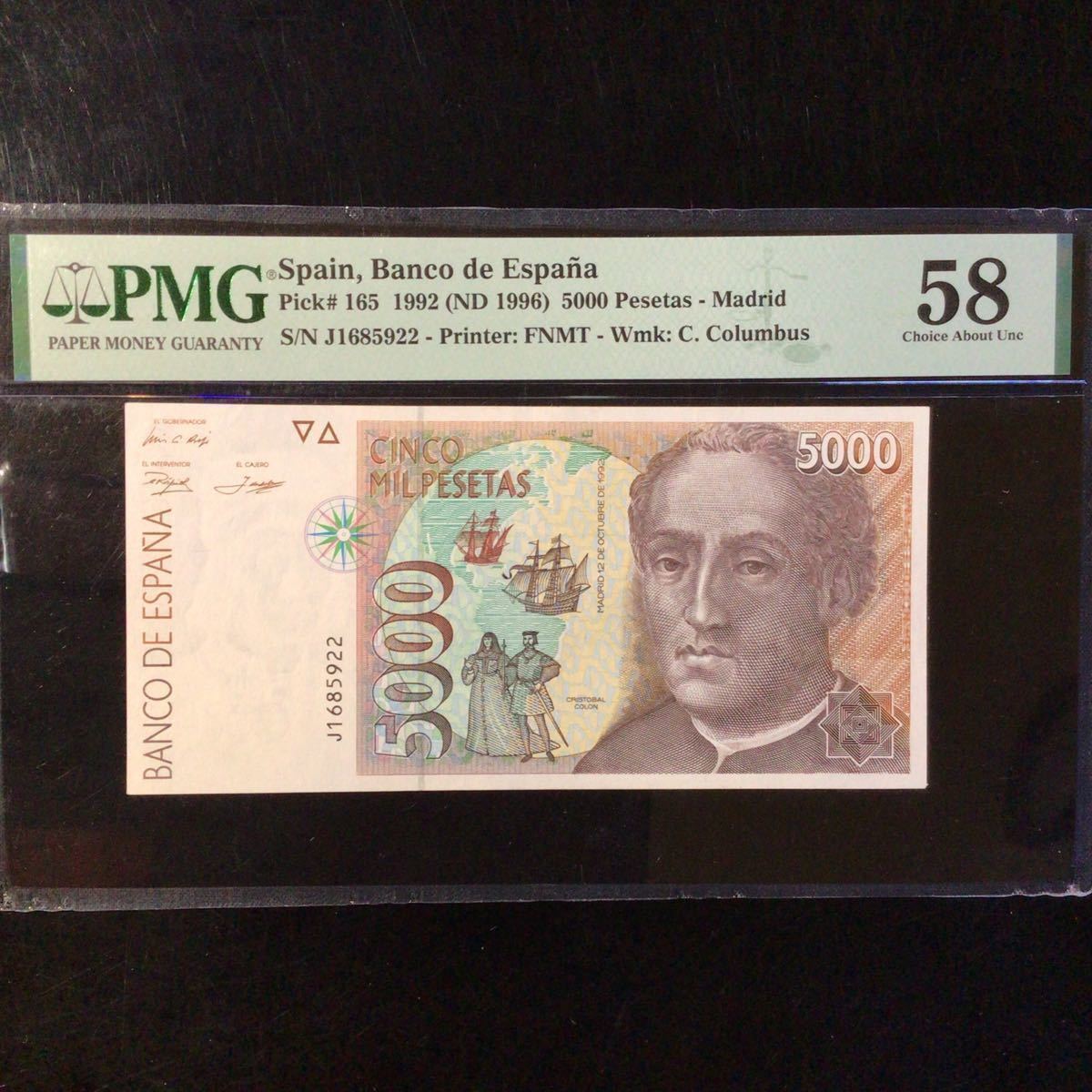 World Banknote Grading SPAIN《 Banco de Espana 》5000 Pesetas【1992】『PMG Grading Choice About Uncirculated 58』