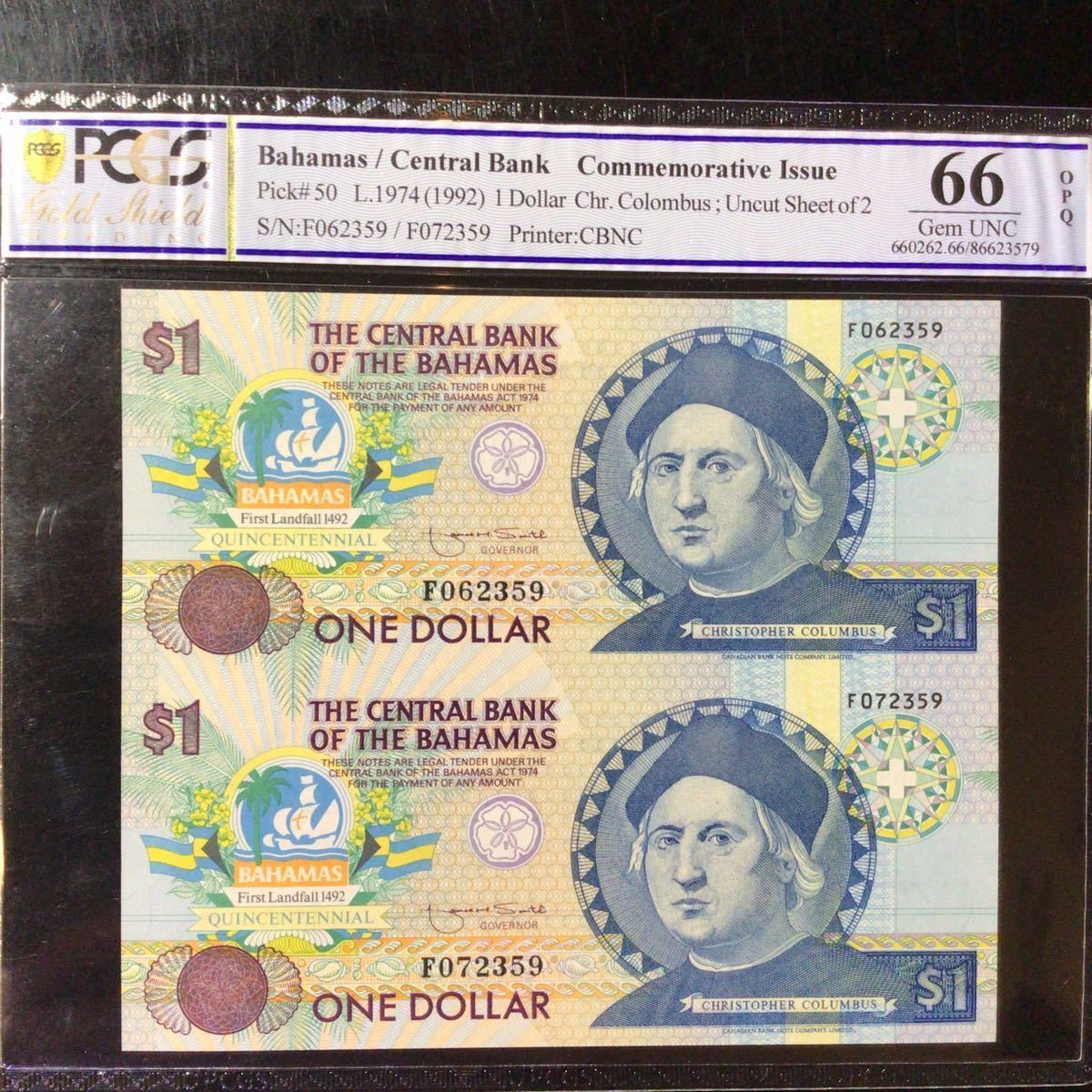 World Banknote Grading BAHAMAS Dollar【1992】《Uncut Sheet of 2》『PCGS Grading Gem Uncirculated 66 OPQ』