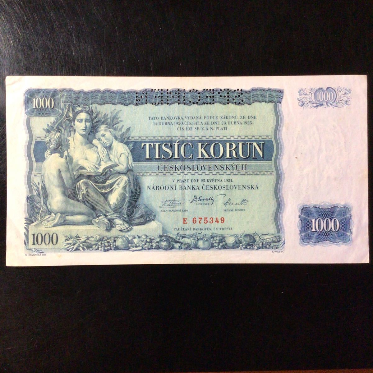 World Paper Money CZECHOSLOVAKIA 1000 Korun【1934】〔Specimen〕_画像1