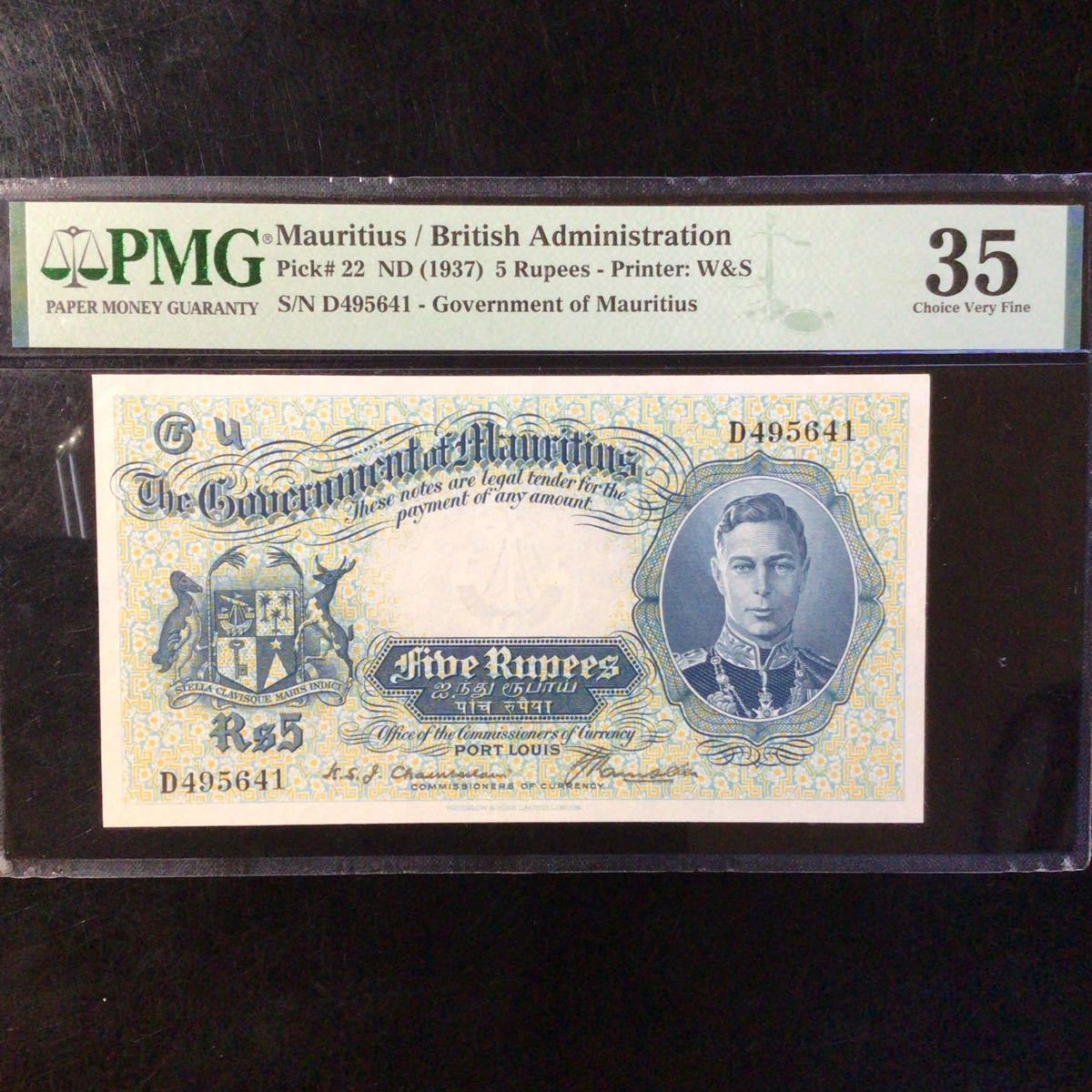 World Banknote Grading MAURITIUS《British Administration》5 Rupees【1937】『PMG Grading Choice Very Fine 35』_画像1