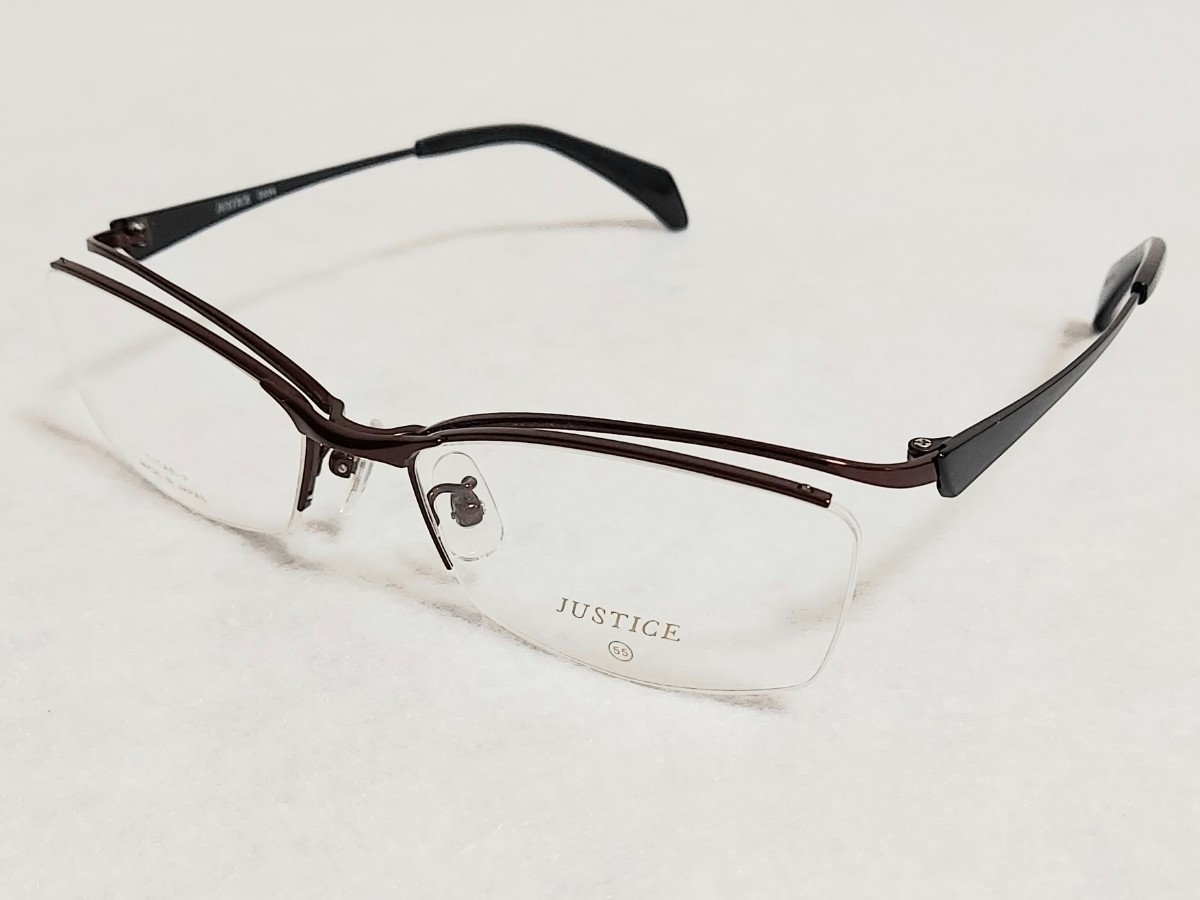 新品 JUSTICE ジャスティス 日本製 鯖江 サバエ ブランド メガネ めがね ハーフリム チタン 軽量 軽い ブラウン
