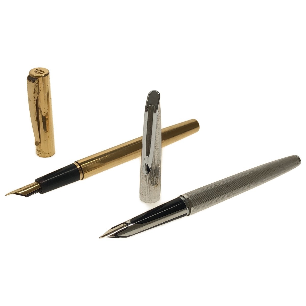 【WATERMAN 万年筆 2本まとめ】 PLAQUE ARGENT G シルバーカラー + PLAQUE OR G ゴールドカラー ペン先 18K 750 フランス製 筆記用具 J1102_画像1