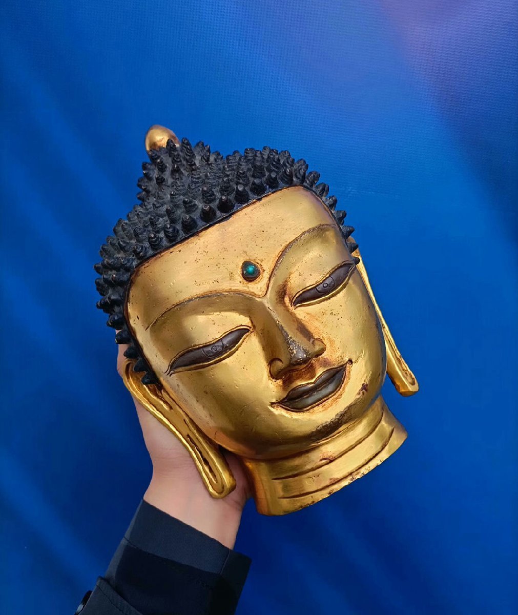 ◆羽彰・古美術◆A2381清時代 仏教古美術 チベット密教 銅塗金 釈迦牟尼 仏首 仏像 細密造 寺院収蔵品