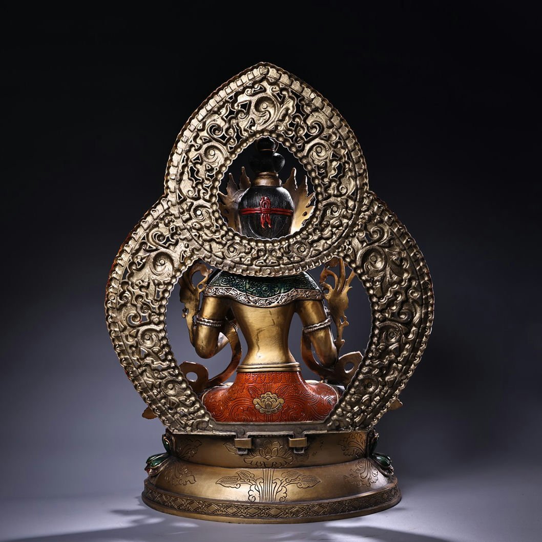 ◆羽彰・古美術◆A2268清時代 仏教古美術 チベット密教 銅製描金白度母仏像 細密造 寺院収蔵品_画像9