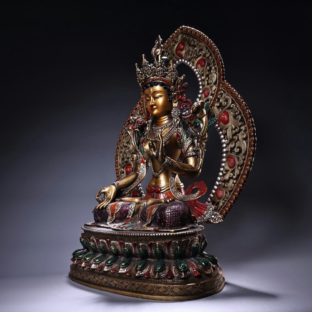 ◆羽彰・古美術◆A2268清時代 仏教古美術 チベット密教 銅製描金白度母仏像 細密造 寺院収蔵品_画像4