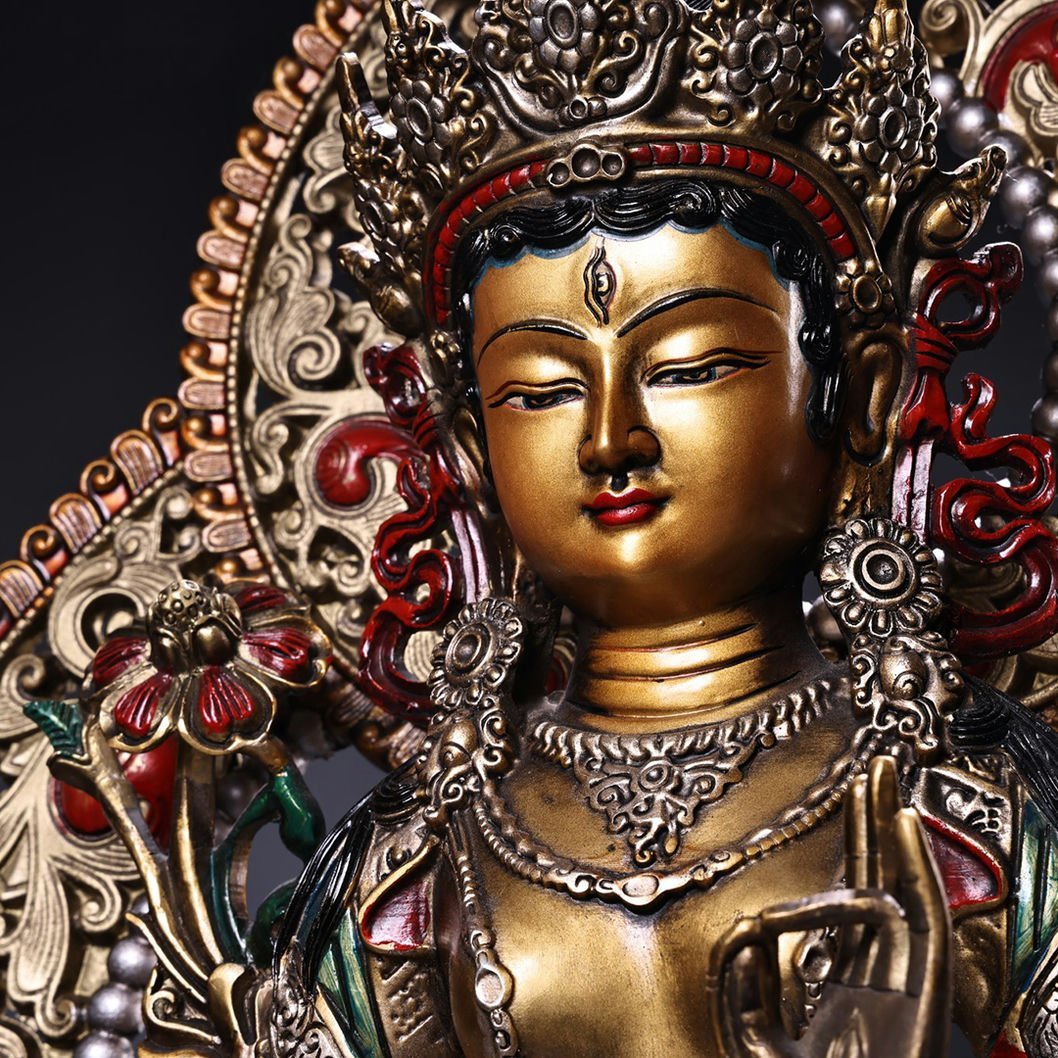 ◆羽彰・古美術◆A2268清時代 仏教古美術 チベット密教 銅製描金白度母仏像 細密造 寺院収蔵品_画像5