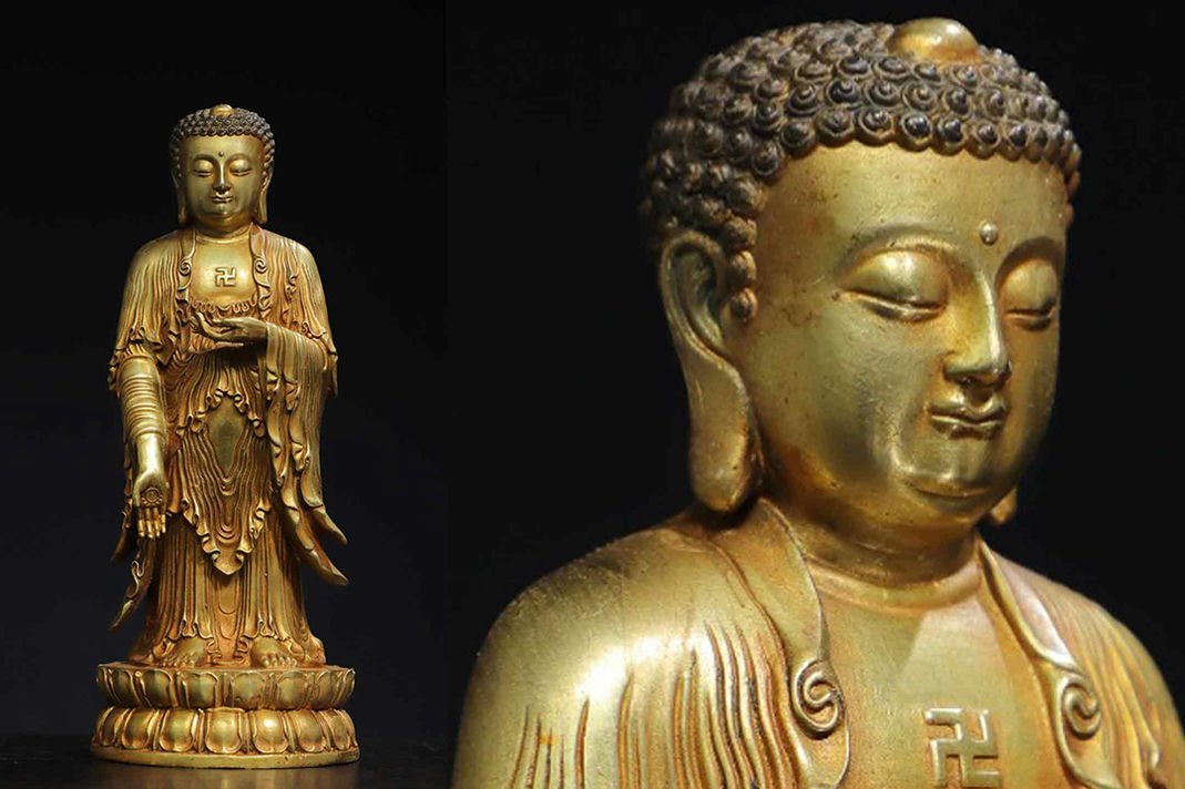 ◆羽彰・古美術◆A1304明時代 仏教古美術 チベット密教 銅塗金 阿弥陀仏 仏像 細密造 寺院収蔵品