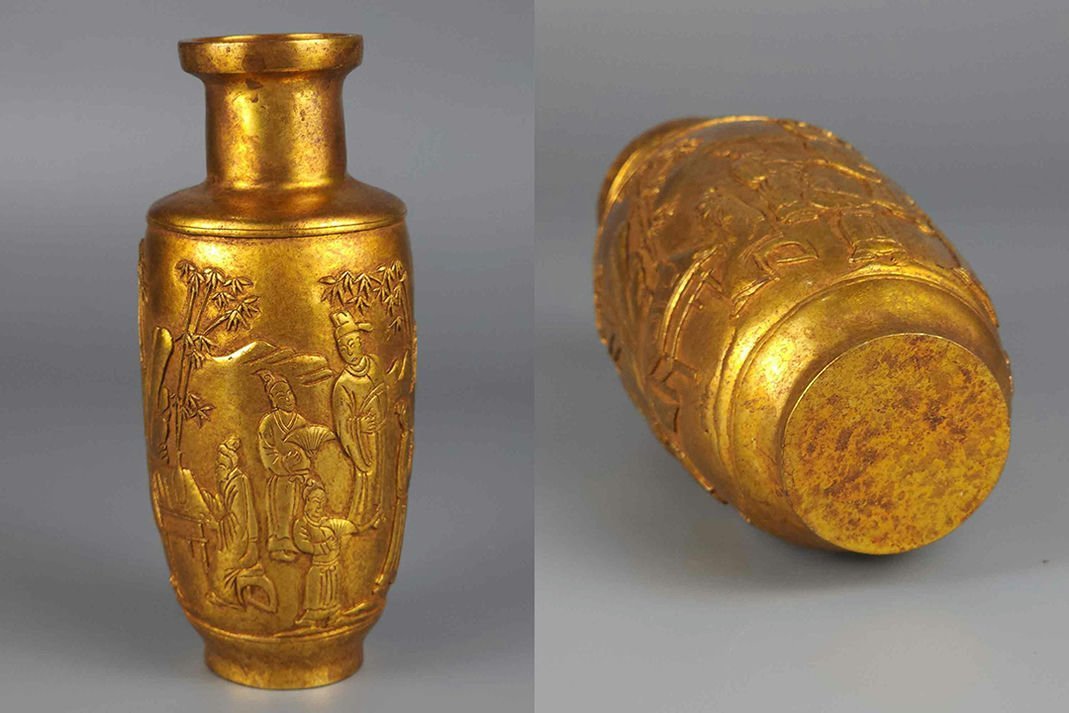 ◆羽彰・古美術◆A1336唐時代 銅塗金人物瓶・古賞物 ・珍品旧蔵・時代物・古置物・古擺件
