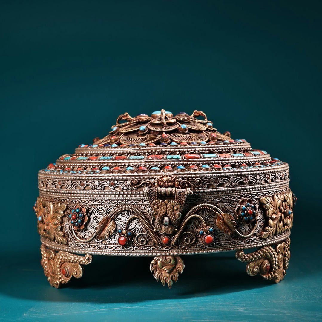 ◆羽彰・古美術◆A3126清時代 仏教古美術 チベット密教 銀製花絲象嵌宝石多宝盒