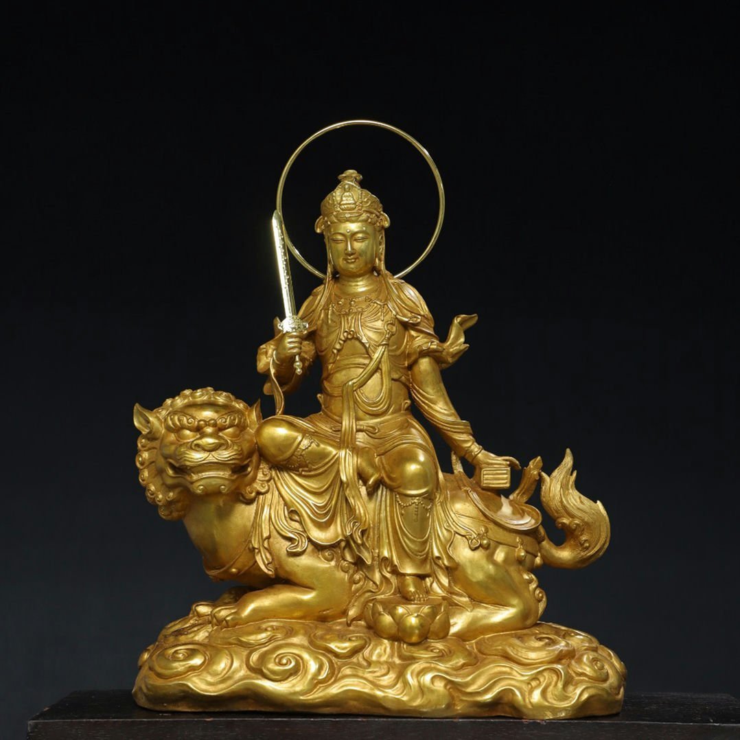 ◆羽彰・古美術◆A4409清時代 仏教古美術 チベット密教 銅塗金 文殊菩薩 仏像 細密造 寺院収蔵品