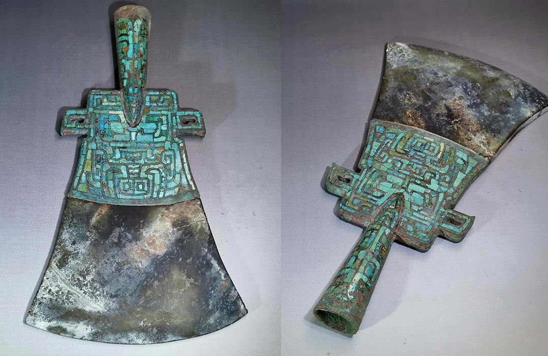 ◆羽彰・古美術◆A3202商代 青銅玉斧鉞 松石象嵌・古賞物・時代物・古置物・古美術品・蒐集家放出