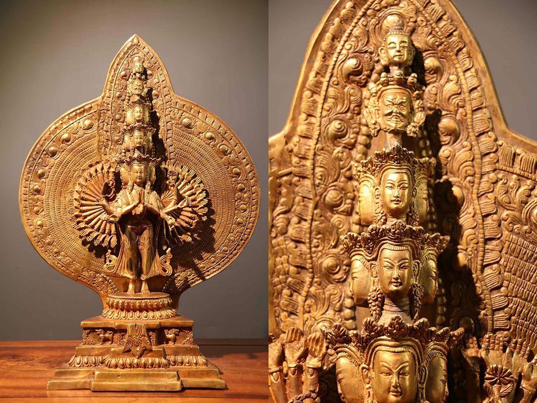 ◆羽彰・古美術◆A3133清時代 仏教古美術 チベット密教 銅塗金 千手観音菩薩 仏像