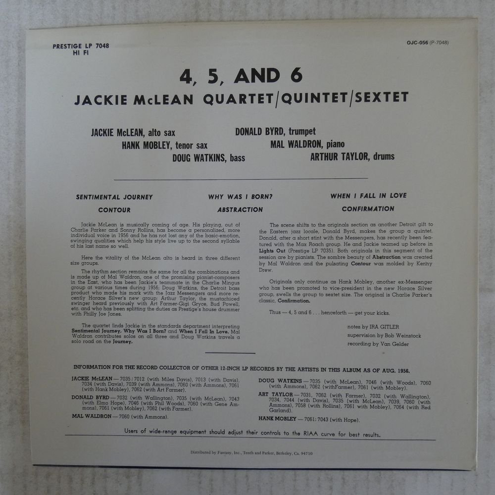 46053347;【US盤/OJC Prestige】Jackie McLean / 4, 5 And 6_画像2