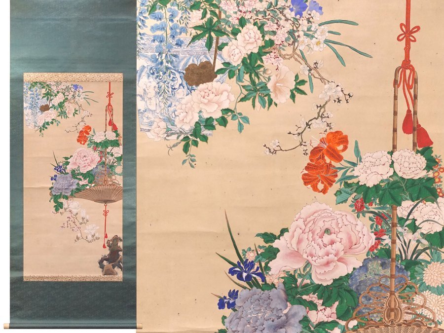 柳沢淇園・柳里恭 花篭双図 絹本 掛軸 書画 文人画家 時代箱 柳沢淇園・柳里恭 花篭双図 絹本 掛軸 書画 文人画家 時代箱