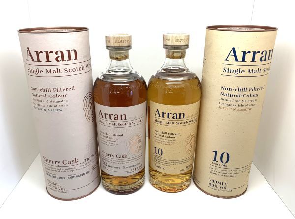 未開栓【Arran /アラン】（ Sherry Cask 700ml 55.8%）（10年 ノンチルフィルタード 700ml46％）スコッチウイスキー ２本セット　箱付属_画像1