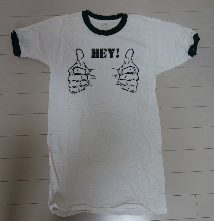 ★米国製デッドストック　プリントTシャツ　S　７０S　HEY!　緑リンガー_画像1