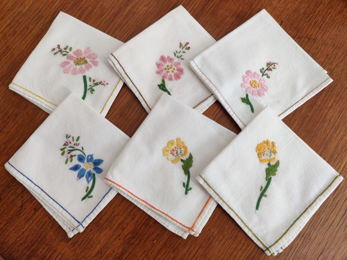 花柄 手刺繍 ハンカチ ６枚 フランス アンティーク ヴィンテージ