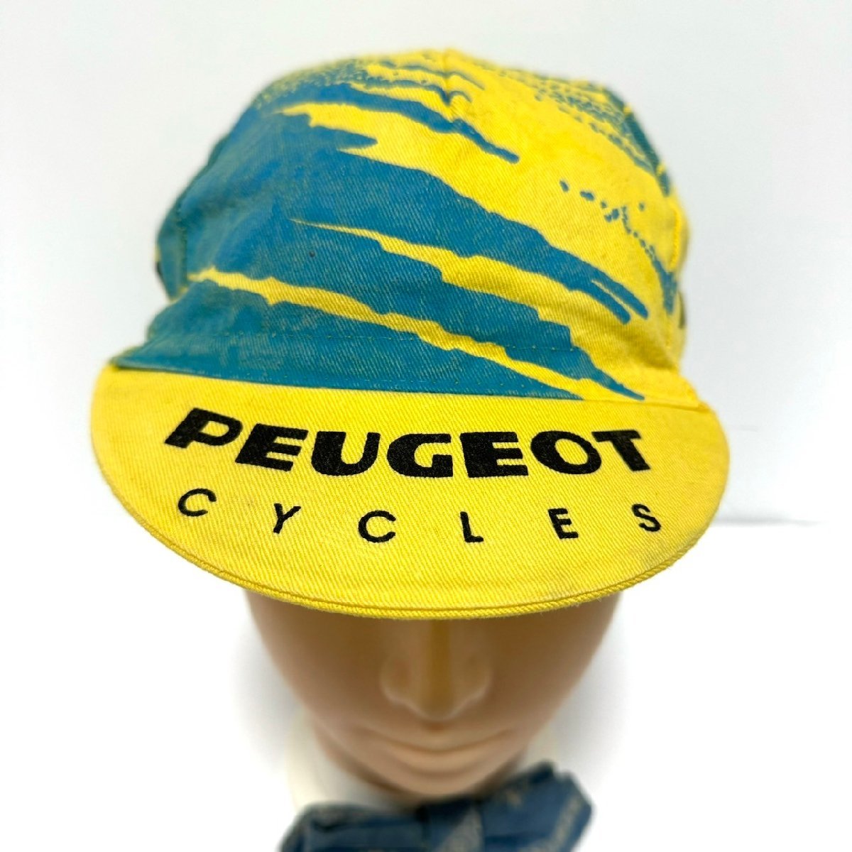 (^w^)b フランス 自転車 メーカー 企業 80s 90s ヴィンテージ PEUGEOT CYCLES プジョー サイクル キャップ 帽子 ロゴ 総柄 黄 青 C0902EEの画像4