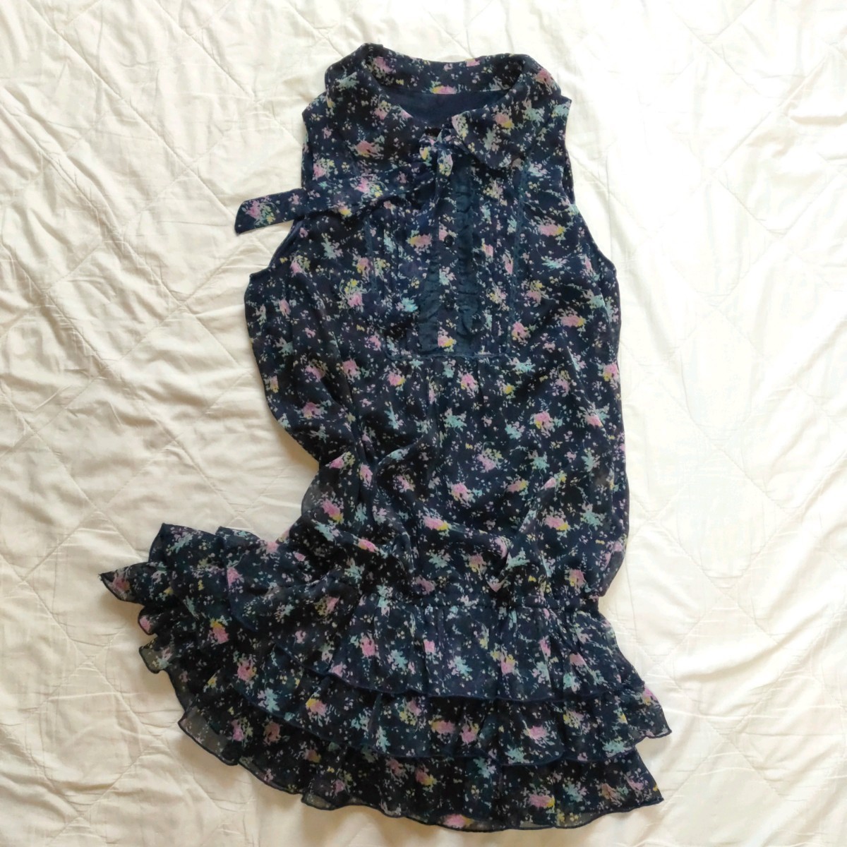  floral print tunic chiffon tunic One-piece navy tunic dress modern retro sleeveless dress pretty stylish 