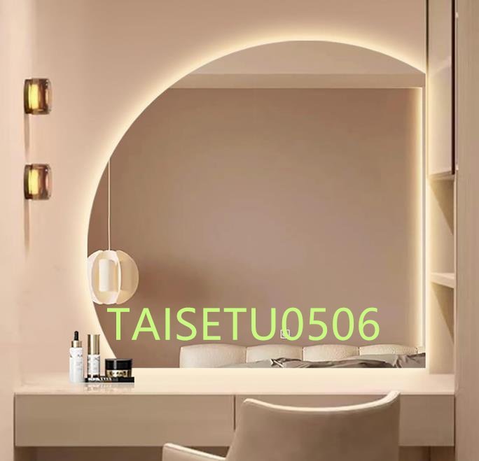 タッチスイッチ付き壁掛けバスルームミラー、LED照明 特殊形状の半円照明付き化粧鏡、バスルームミラー 80*80cm_画像2