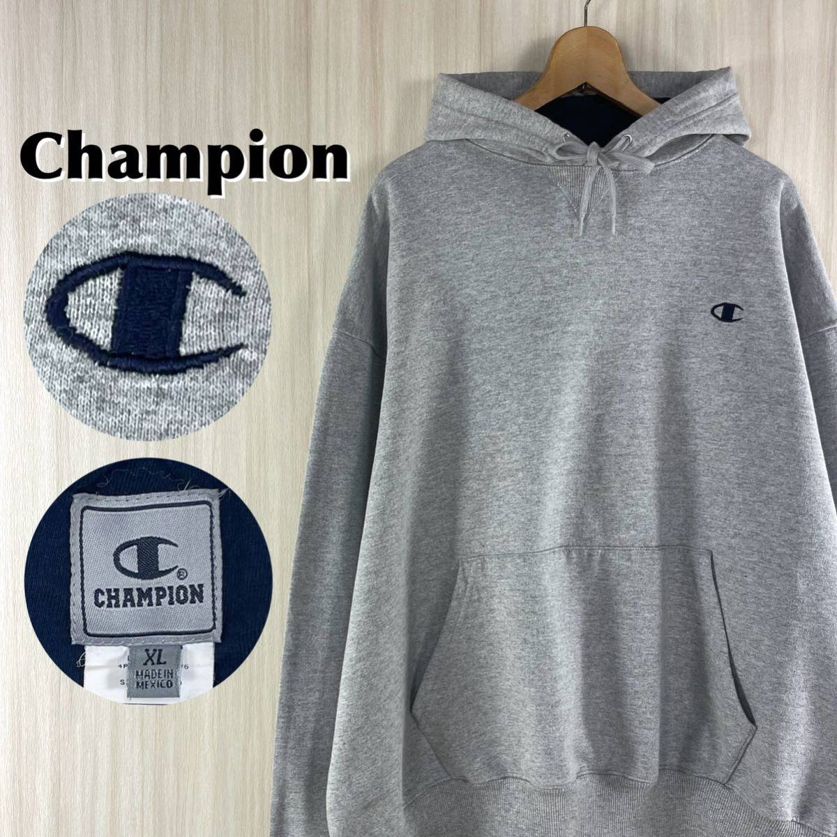 【希少】【メキシコ製】 Champion チャンピオン 刺繍ロゴ 裏起毛 プルオーバー パーカー XL表記 ビッグシルエット 霜降り アメカジ 古着