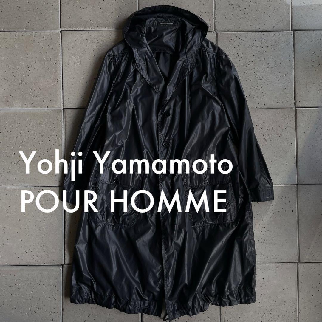 2020AW【Yohji Yamamoto POUR HOMME ヨウジヤマモト プールオム】ナイロン ラペル ロング コート 1 ブラック 黒_画像1