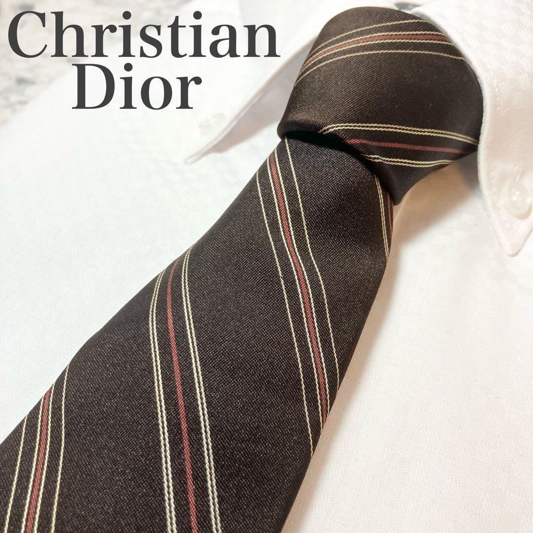 Christian Dior クリスチャンディオール　ストライプ　ネクタイ　brown系　スーツ　ビジネス　装飾小物　24時間以内発送　1円スタート_画像1