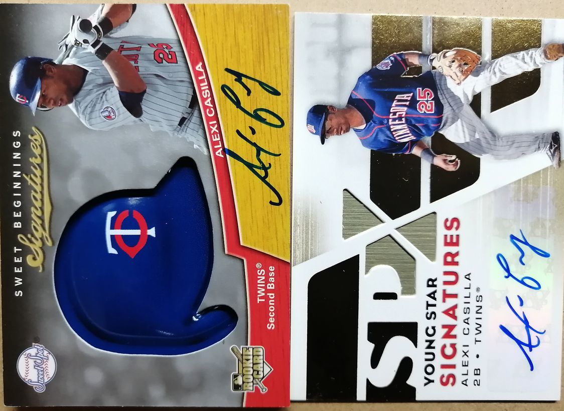 2枚セット Alexi Casilla MIN 2007 Upper Deck Sweet Spot Sweet Rookie Auto RC Helmet + 2008 UD SPx Young Star Signatures 直筆サイン_画像1