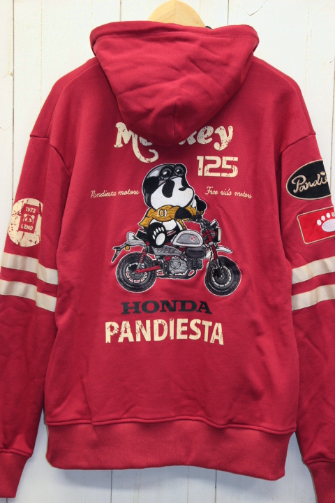 PANDIESTA × HONDA 熊猫 モンキー125 パンダ ワッペン刺繍 スウェットパーカー / 赤 / バイク チェッカー柄 パンディエスタ ホンダ_画像1