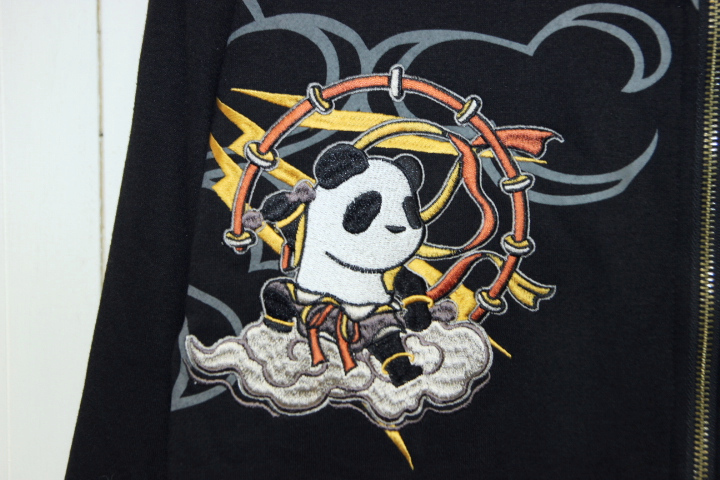 PANDIESTA JAPAN 熊猫 風神雷神 刺繍 パンダ ジップアップ スウェットパーカー / ブラック 大きいサイズ 和柄 パンディエスタ_画像3