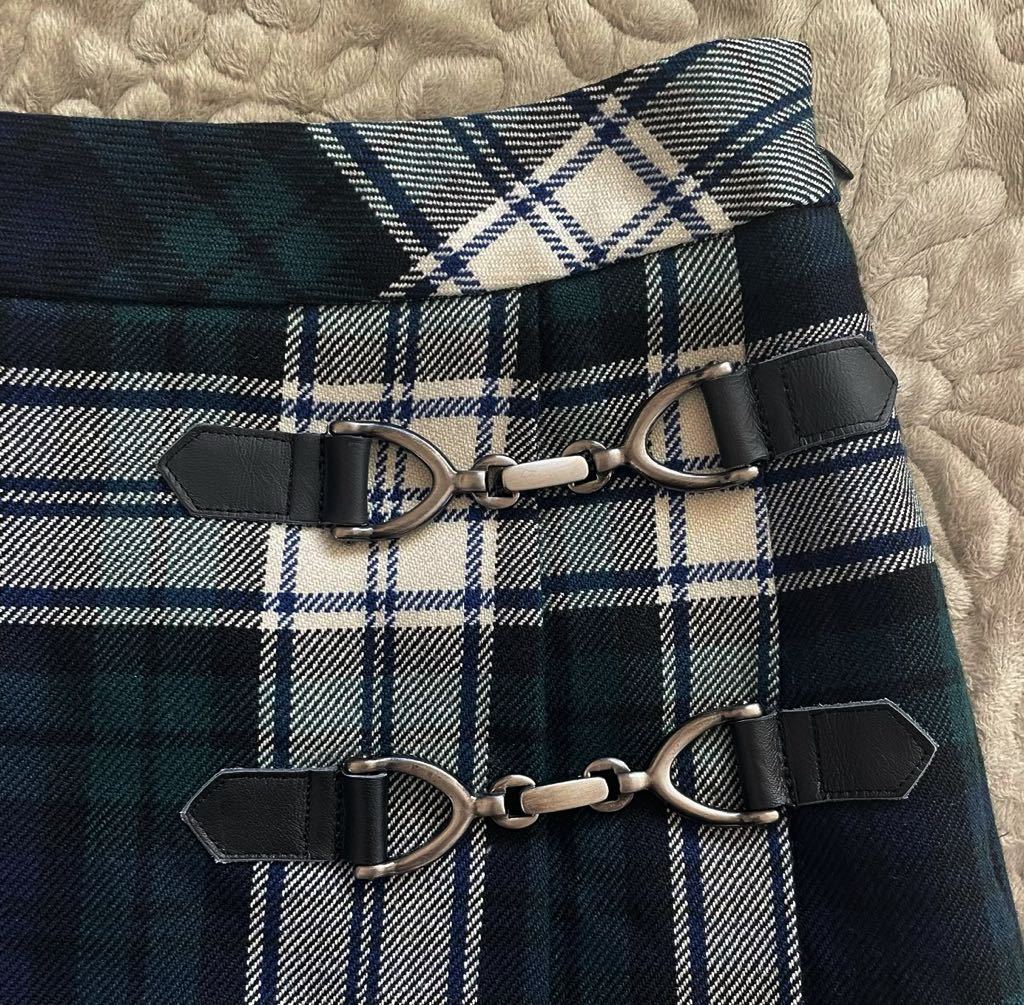  Scotch house наматывать юбка способ юбка tuck tartan проверка шерсть 100% зеленый темно-синий белый проверка колени длина натуральная кожа ремень 38 сделано в Японии 