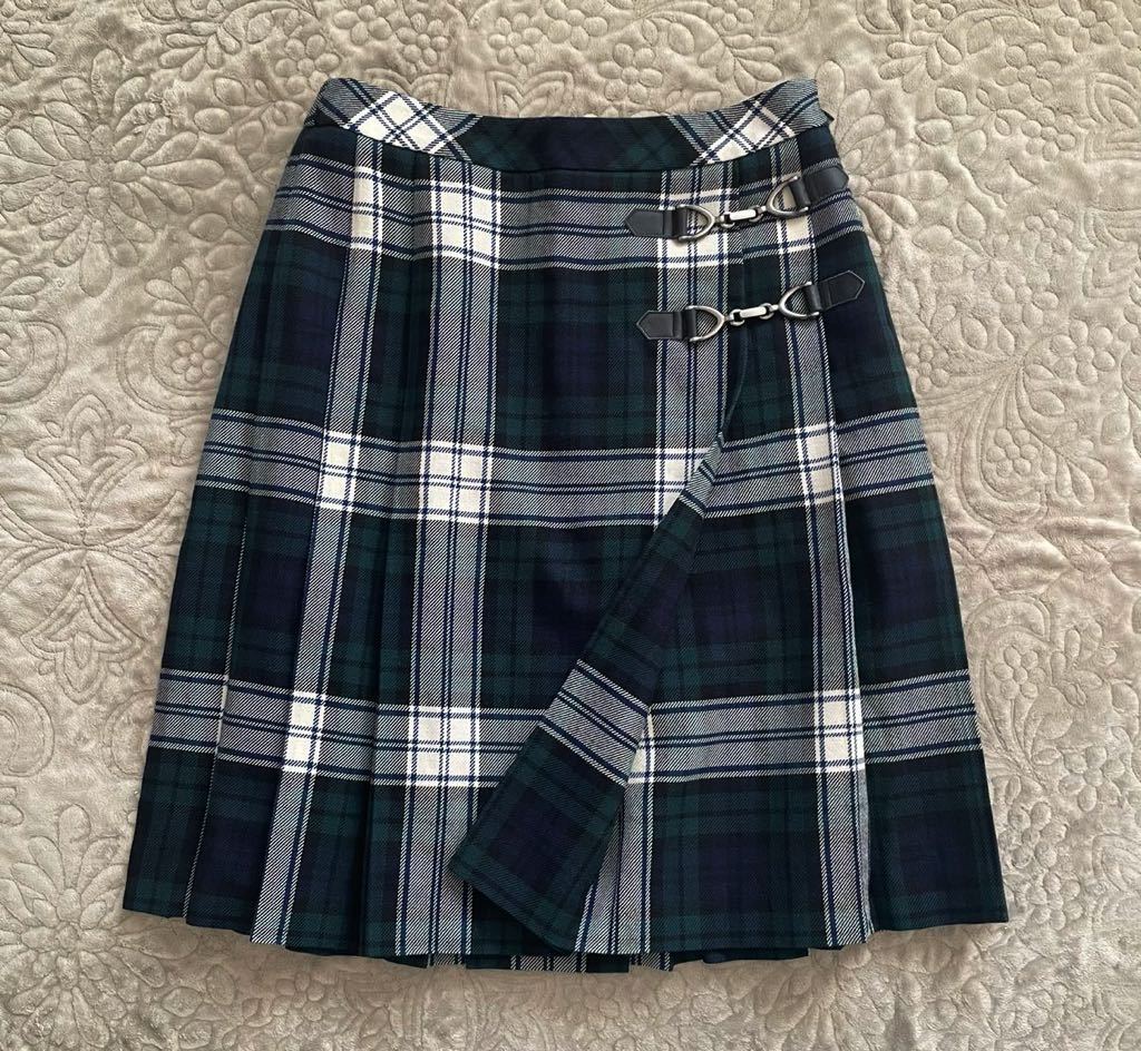  Scotch house наматывать юбка способ юбка tuck tartan проверка шерсть 100% зеленый темно-синий белый проверка колени длина натуральная кожа ремень 38 сделано в Японии 