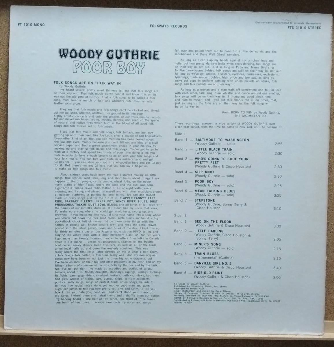 LP(フォーク・US盤・FTS-31010A・’68年盤・希少)ウディ・ガスリーWOODY GUTHRIE / プア・ボーイ Poor Boy【同梱可能６枚まで】051216_画像2