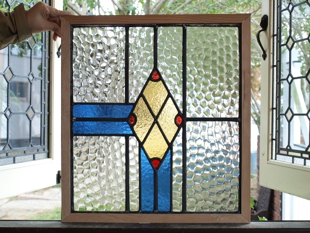 ■アンティークステンドグラス23431-1 ブルー 幾何学柄 シンプル 英国 イギリス 窓 ドア 内装に ■