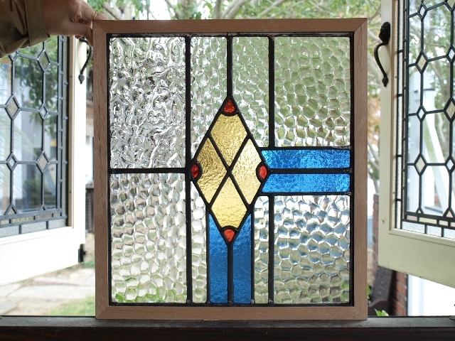 ■アンティークステンドグラス23431-2 ブルー 幾何学柄 シンプル 英国 イギリス 窓 ドア 内装に ■