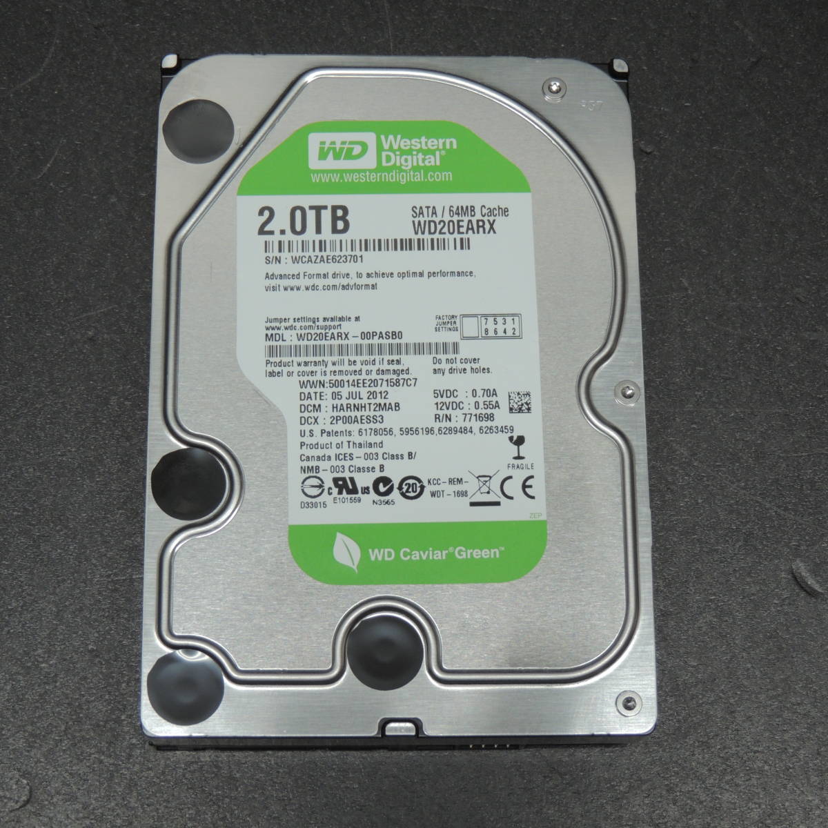 【検品済み/使用251時間】WD 2TB HDD WD20EARX 管理:ナ-97_画像1