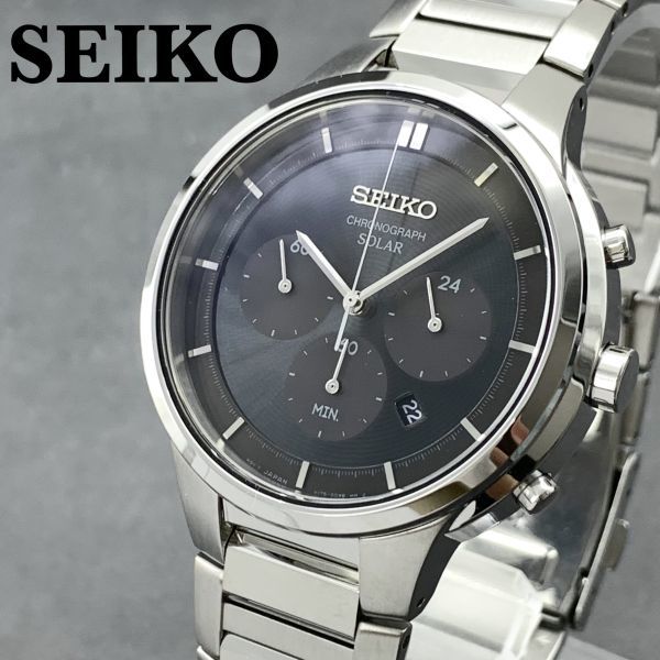 【新品即納】セイコー クロノグラフ SEIKO SSC439 ソーラー 43mm デイト メンズ腕時計 男性用 ブラック シルバー 海外モデル プレゼント_画像1