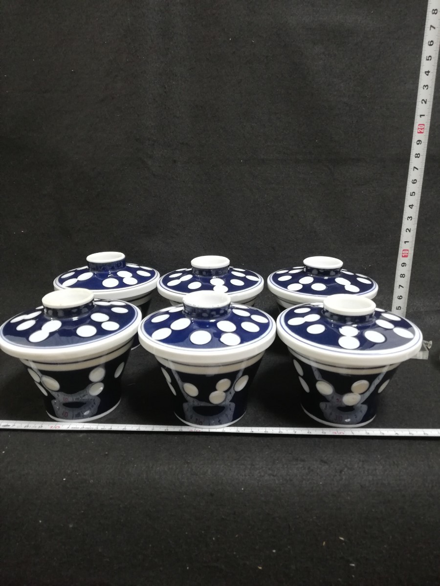 S12121.昭和レトロ　蓋茶碗　水玉　蓋付き　6客セット 和食器 陶器 /80_画像1