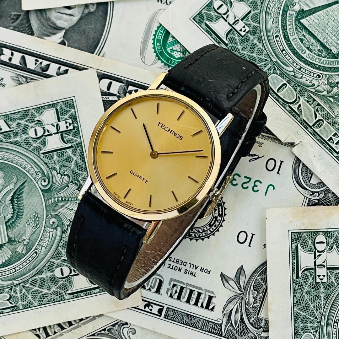 1 иен старт наручные часы мужской батарейка заменена Tecnos TECHNOS кварц Quartz аналог б/у античный 31mm Vintage мужчина Gold золотой Швейцария производства U400